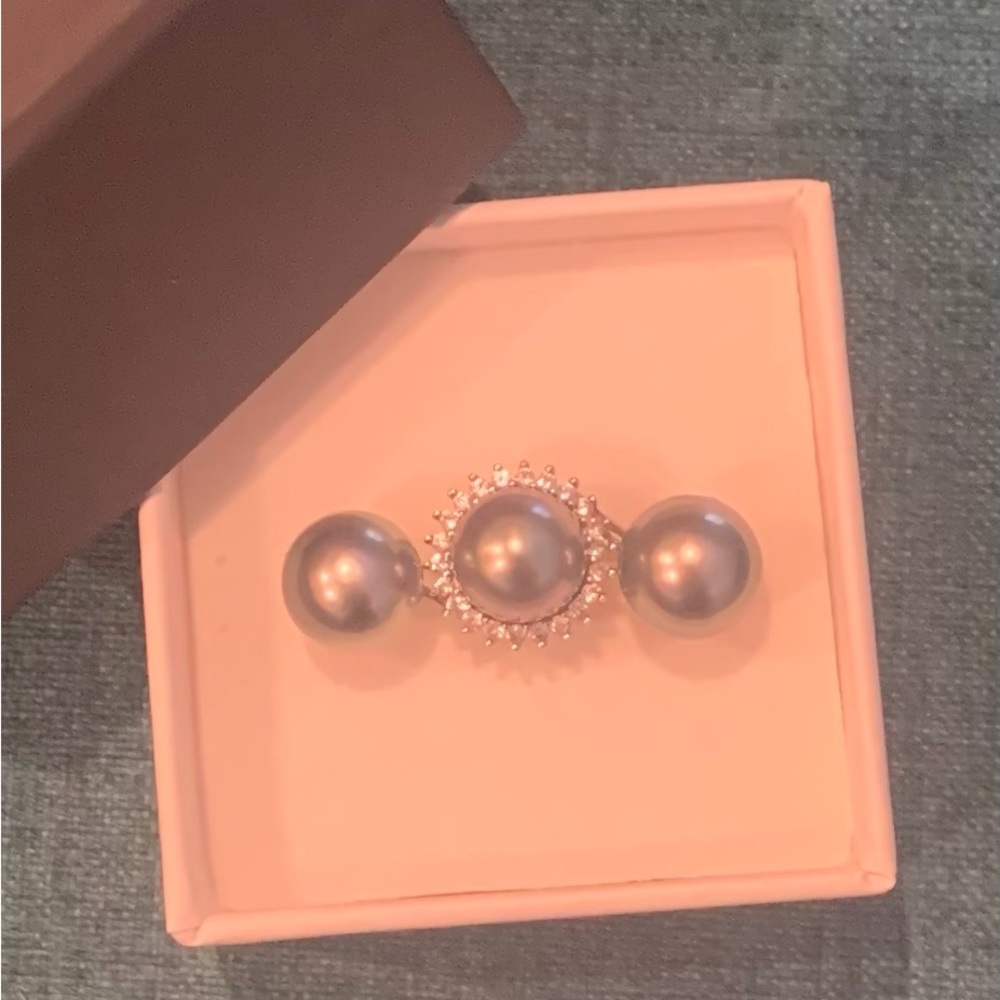 Black Pearl with silver hue earrings & ring set with white sapphires
